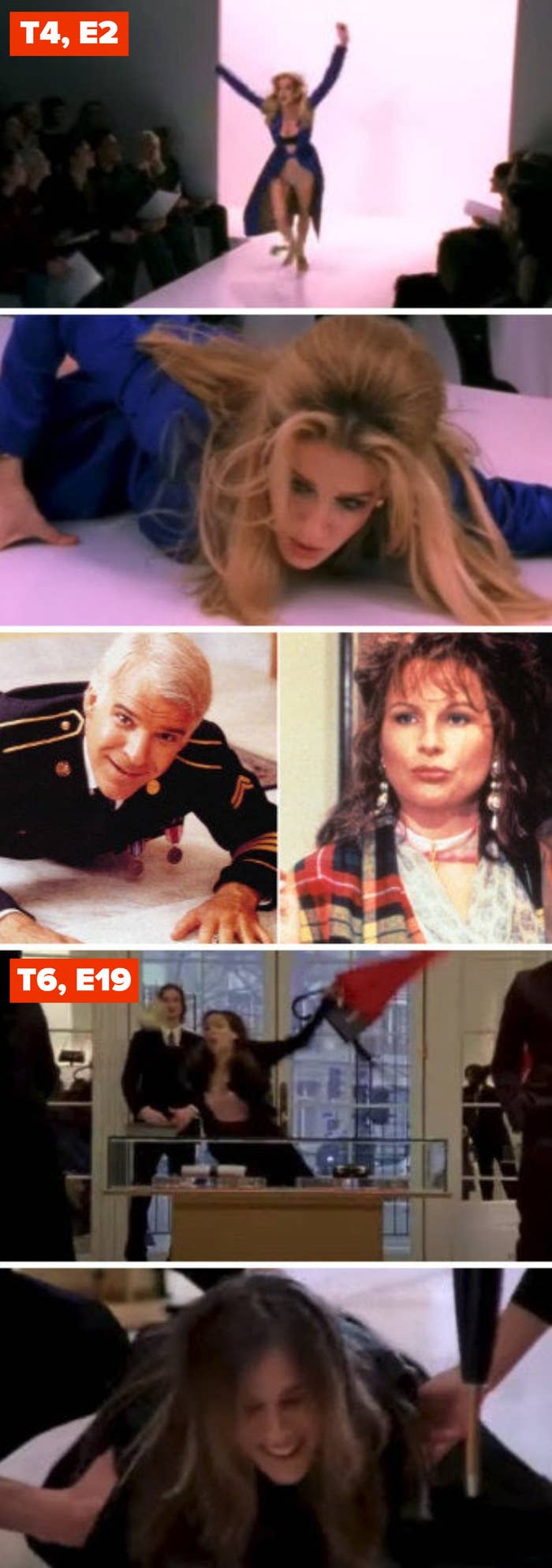 Carrie falling during the runway fashion show in Season 4 vs. Carrie falling in Dior in Paris; Steve Martin in &quot;Dirty Rotten Scoundrels;&quot; Jennifer Saunders in &quot;Absolutely Fabulous&quot;