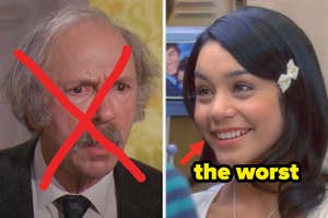 A crossed-out Grandpa Joe from "Willy Wonka" next to Gabriella from "High School Musical" with the caption: "the worst"