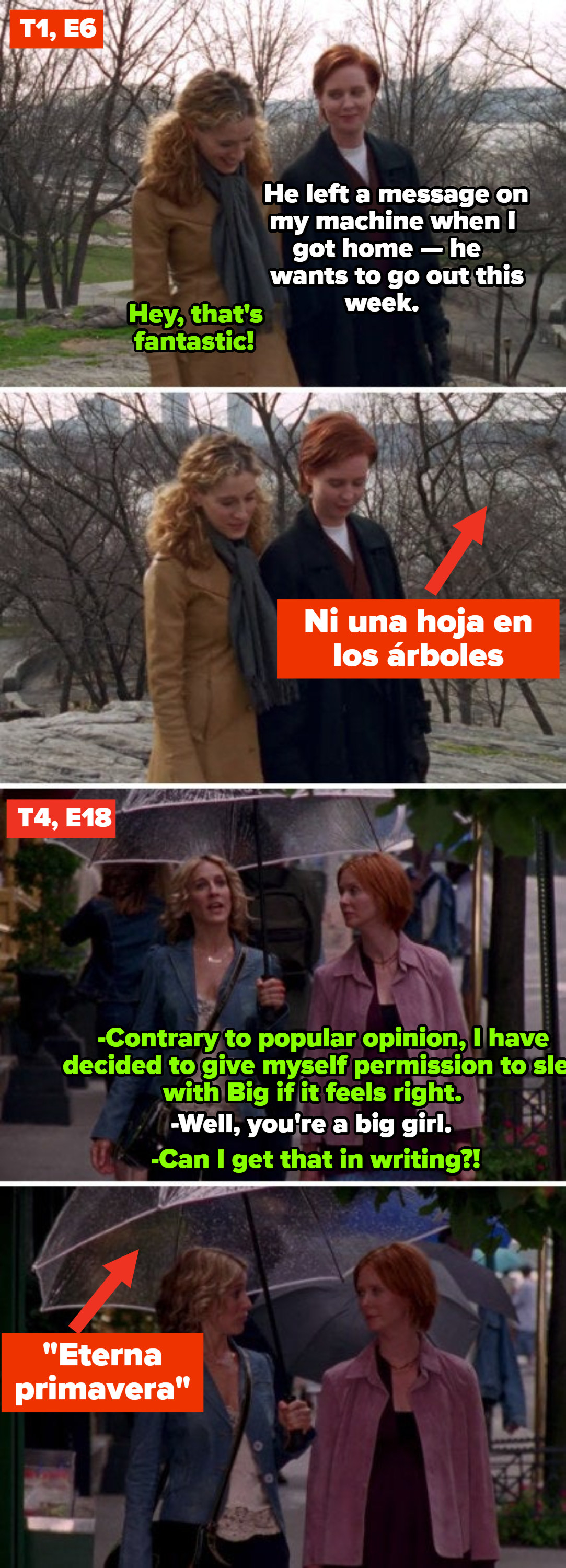 Carrie and Miranda walking in Riverside Park in S1, E6, aka winter; Carrie and Miranda walking around the city in S4, E18, aka &quot;Eternal spring&quot;