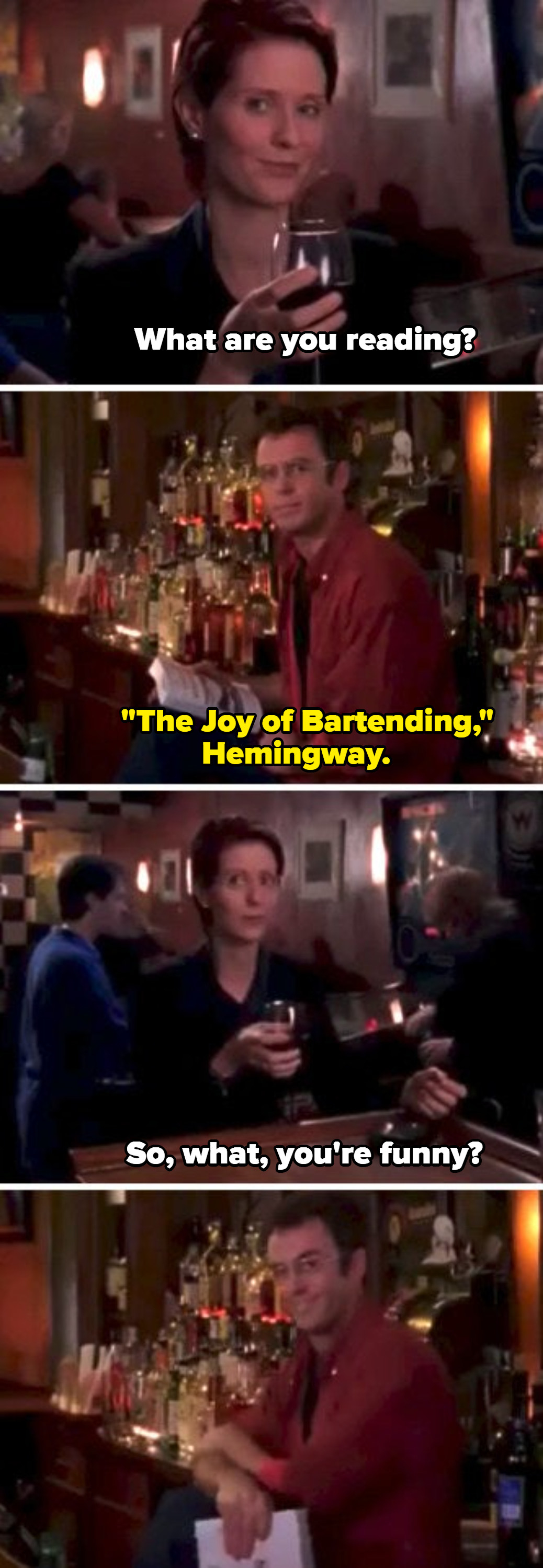 Miranda and Steve meeting for the first time at the bar in Season 2