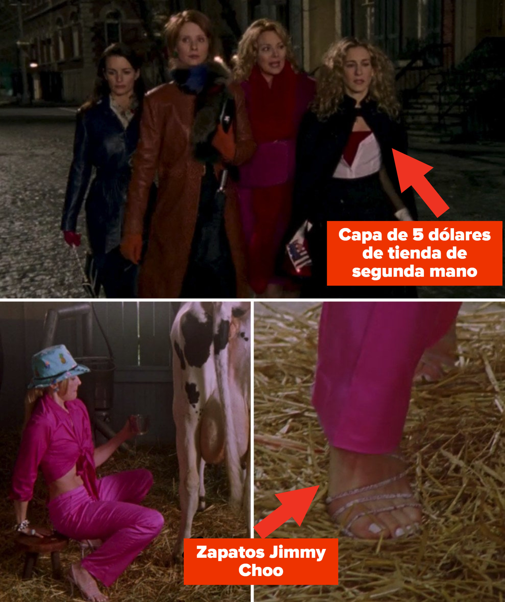 Miranda, Samantha, Carrie, and Charlotte in the middle of the street walking to a party; Samantha trying to milk a cow while wearing Jimmy Choo shoes