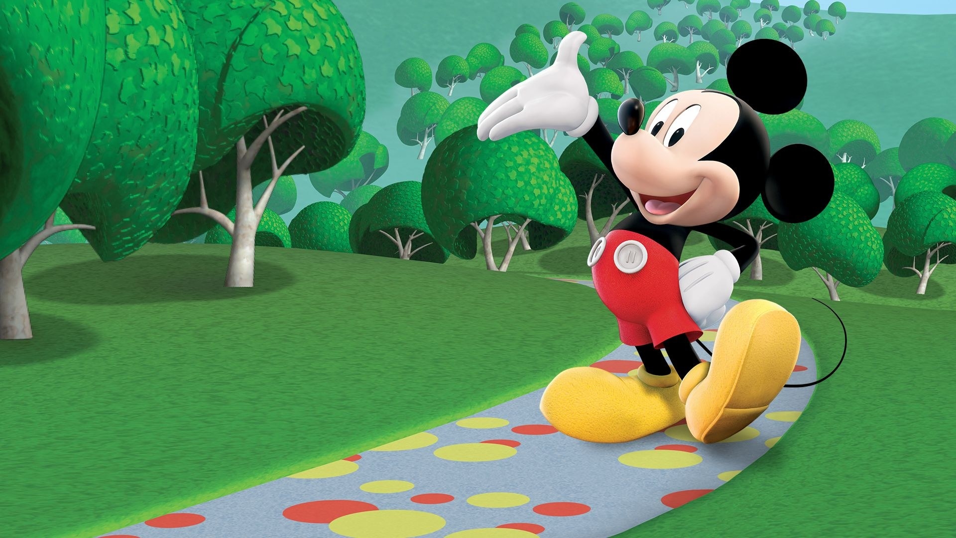 Mickey Mouse standing on a pathway in his clubhouse garden in a picture from the show Mickey Mouse Clubhouse