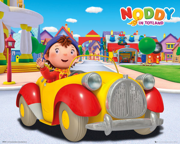 A poster of the cartoon Noddy In Toyland featuring the lead character waving and smiling while sitting in his toy car