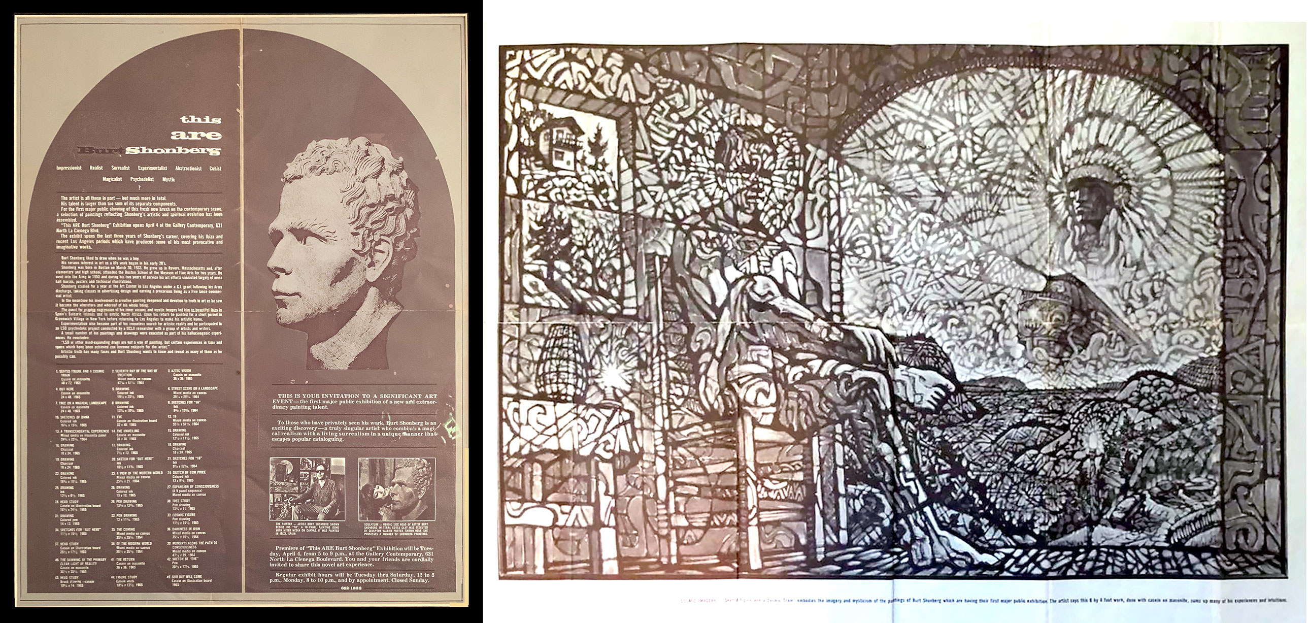 Original poster (front and back) promoting the only exhibtion the artist ever had in his lifetime in Los Angeles 1967 &quot;This ARE Shonburg&quot; at Contemporary Gallery.