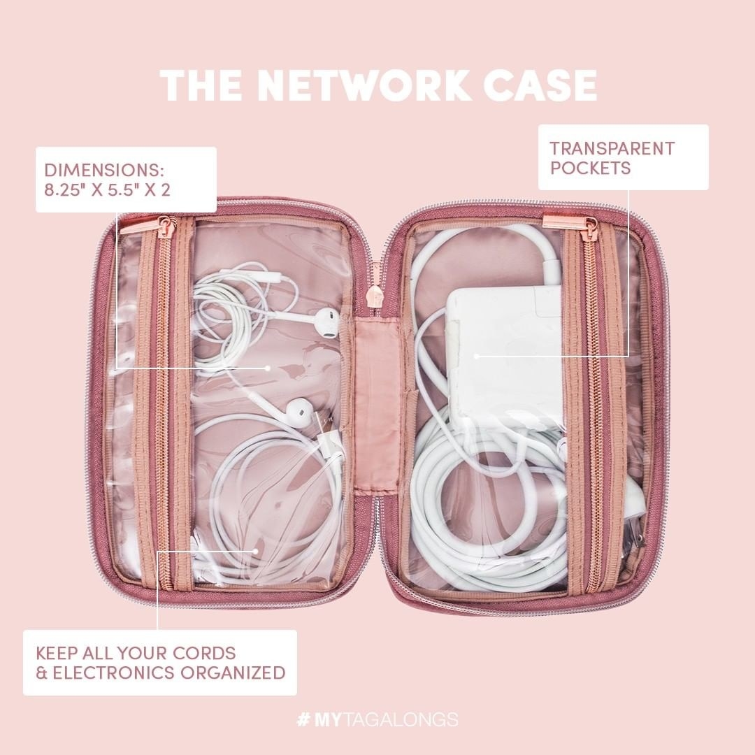 An open case filled with headphones and charging cords