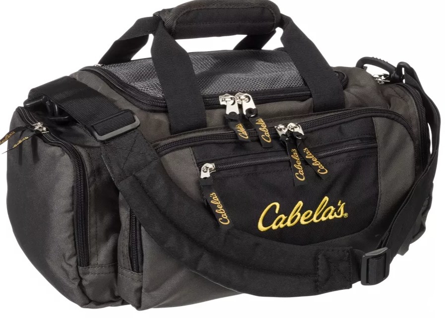 A black bag with Cabela&#x27;s written in yellow
