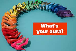 A pile of heels are spread out with a label that reads: "What's your aura?"