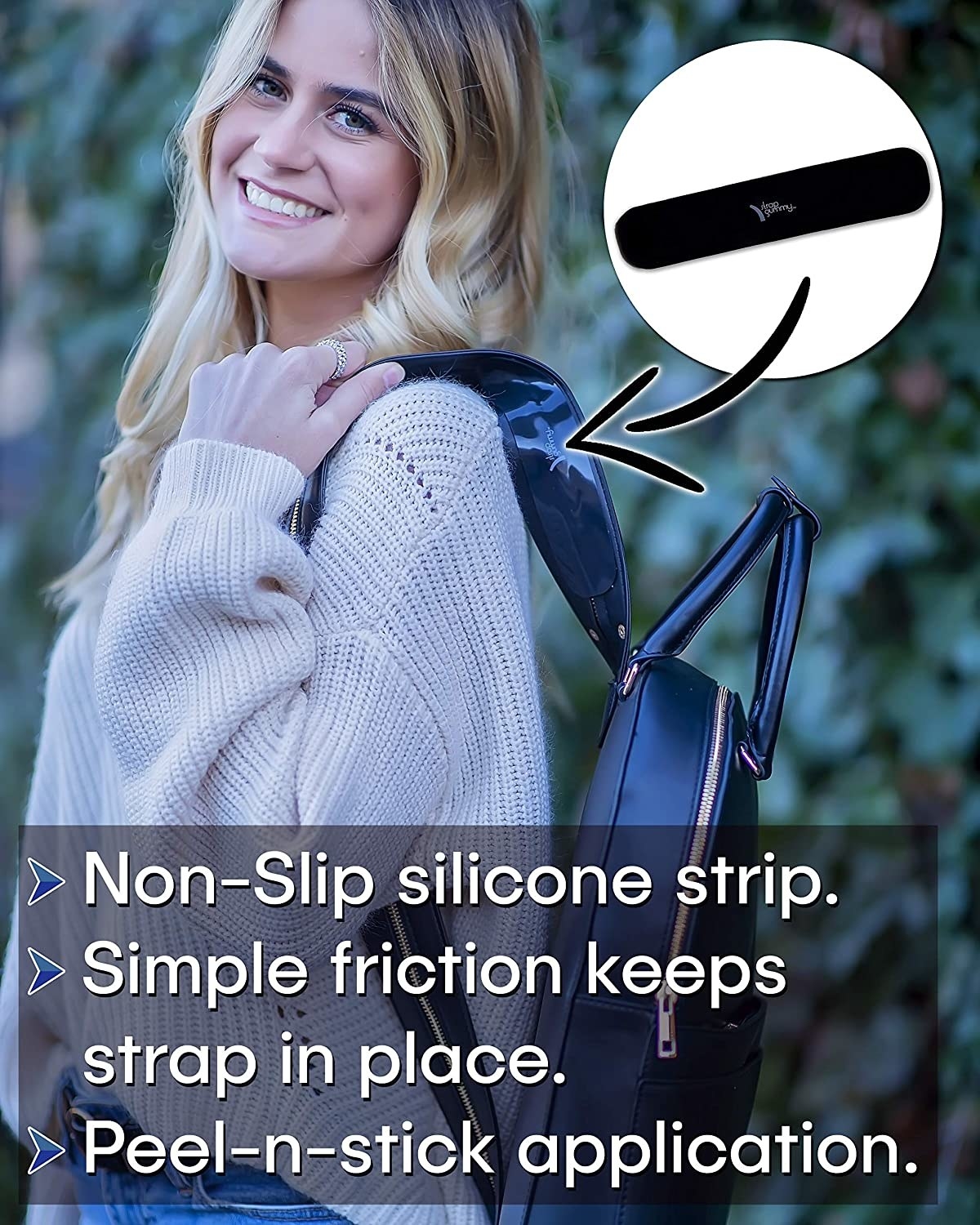 Model wearing a backpack with the silicone strip on the strap