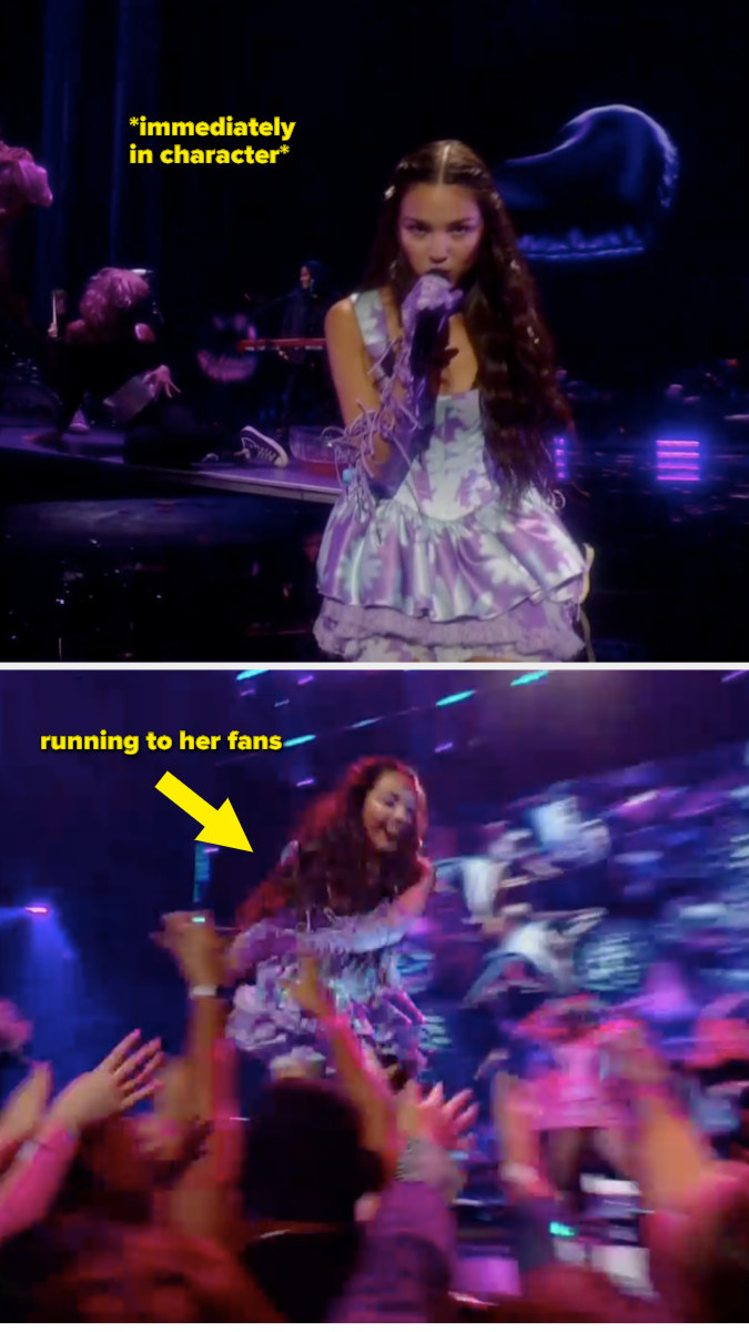 Olivia performing onstage with captions saying &quot;immediately in character&quot; and &quot;running to her fans&quot;