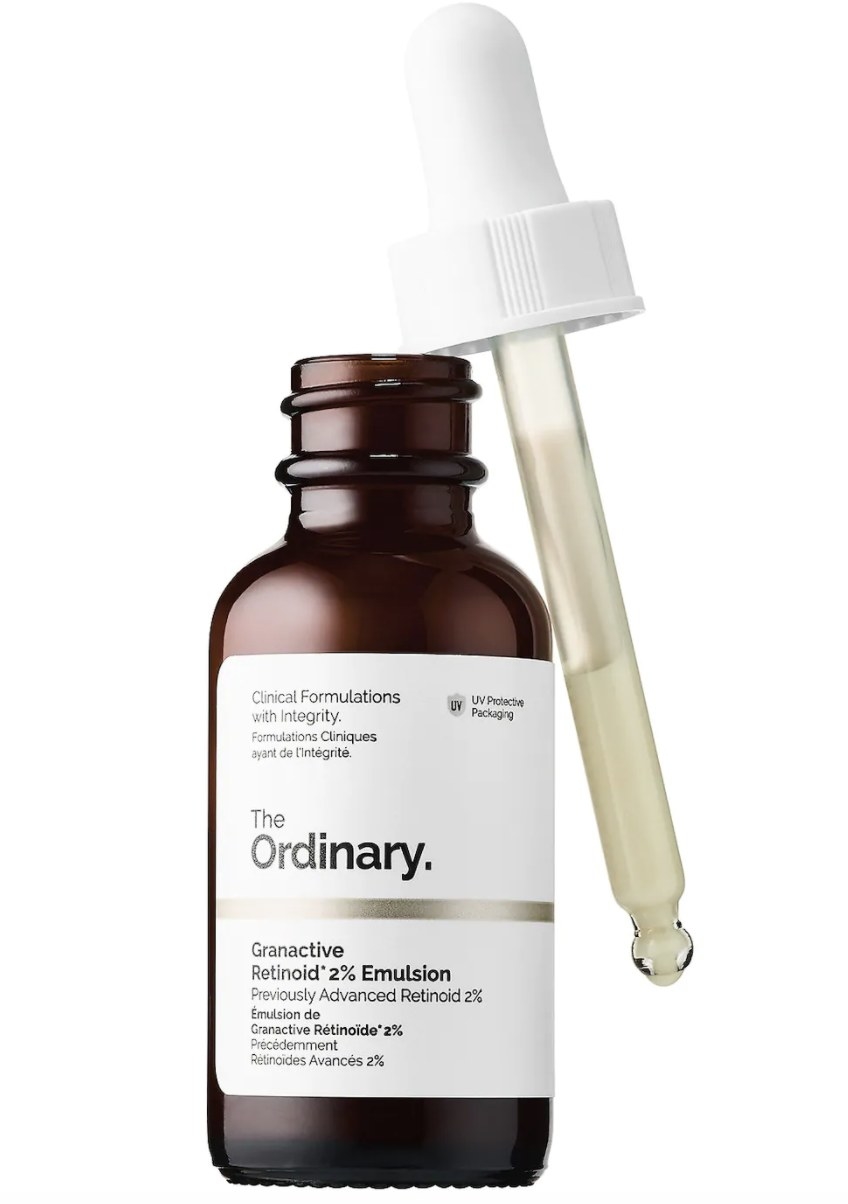 The dark-colored bottle says &quot;The Ordinary.&quot; and &quot;Granactive Retinoid 2% Emulsion.&quot;