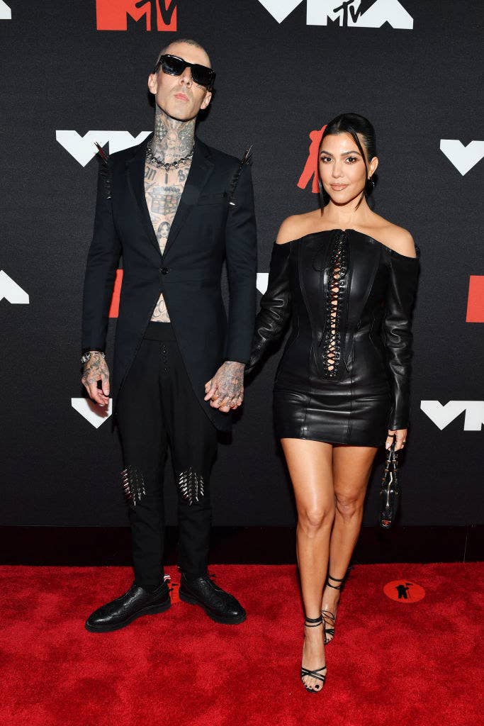 (L-R) Travis Barker and Kourtney Kardashian attend the 2021 MTV Video Music Awards