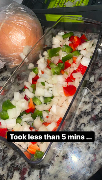 A customer review photo of their chopped up veggies with a note that it took less than five minutes to do