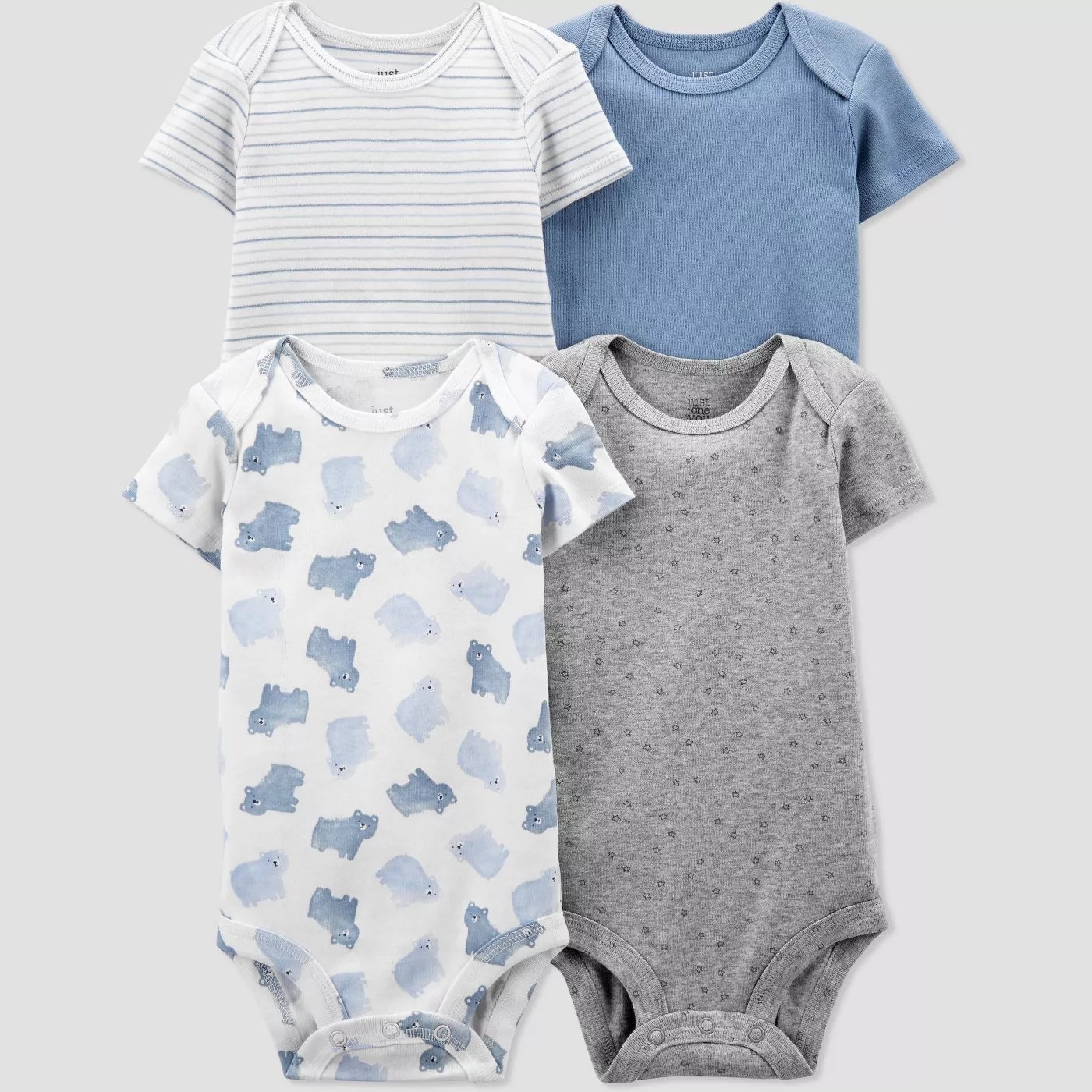 A bodysuit with a bear pattern, another in gray, another in blue, and another with stripes