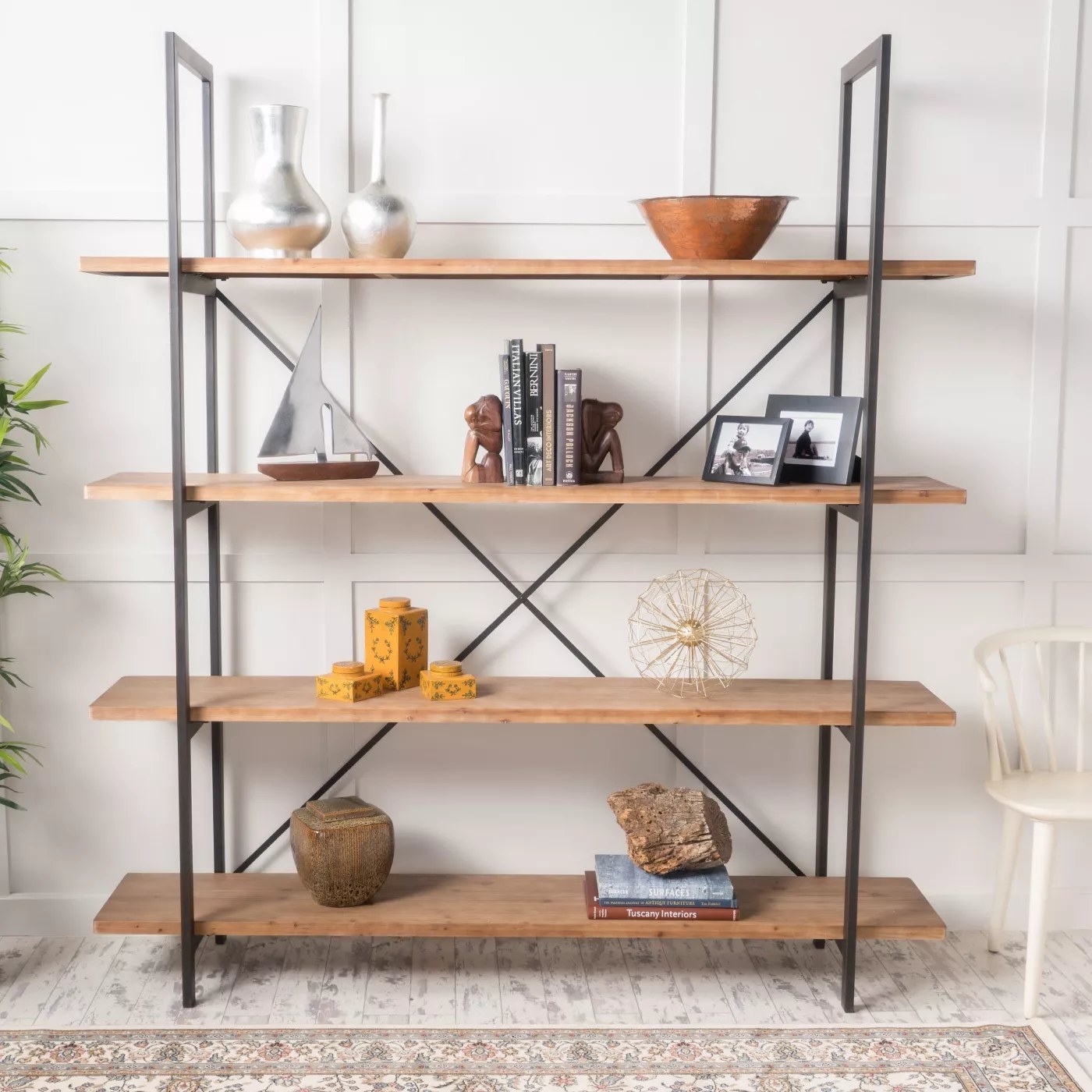 The wood and iron shelving unit