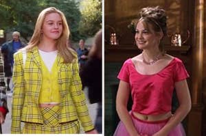 Cher's plaid outfit from "Clueless" next to Bianca's prom dress from "10 Things I Hate About You"