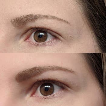 before and after reviewer images of a not drawn in eyebrow and a drawn in eyebrow