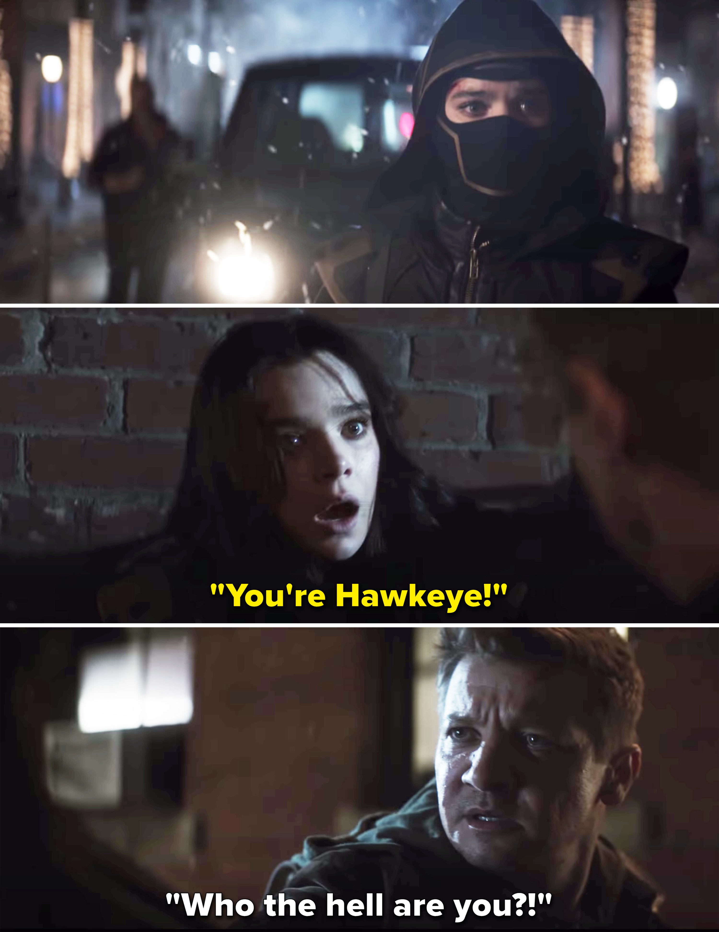 Kate says &quot;You&#x27;re Hawkeye!&quot; after Clint unmasks her and he asks &quot;Who the hell are you?&quot;