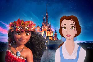 Moana and Belle over the Disney castle 