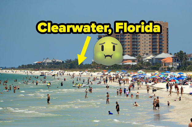 The beach in Clearwater, Florida, captioned with a nauseated face