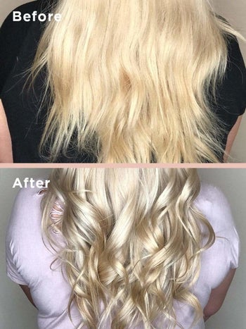 before and after images of a white model with frizzy and dull hair that becomes bright and less orange