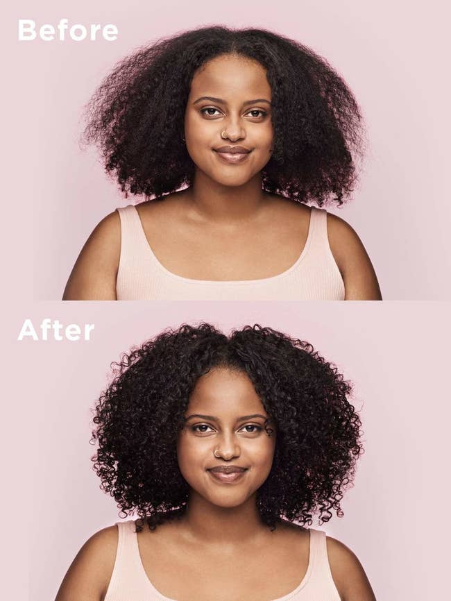before and after images of a model with frizzy hair that becomes lush and coiled