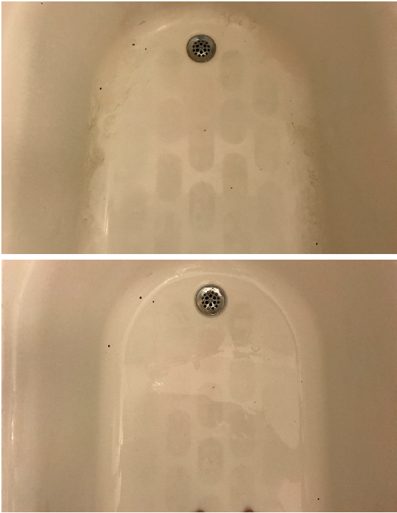before and after of a tub that&#x27;s been cleaned with barkeeper&#x27;s friend soft cleanser