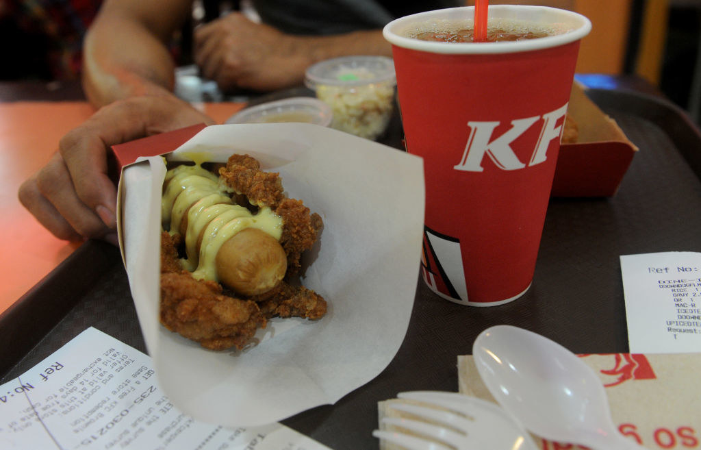 A double down hotdog inside a fried chicken bun.