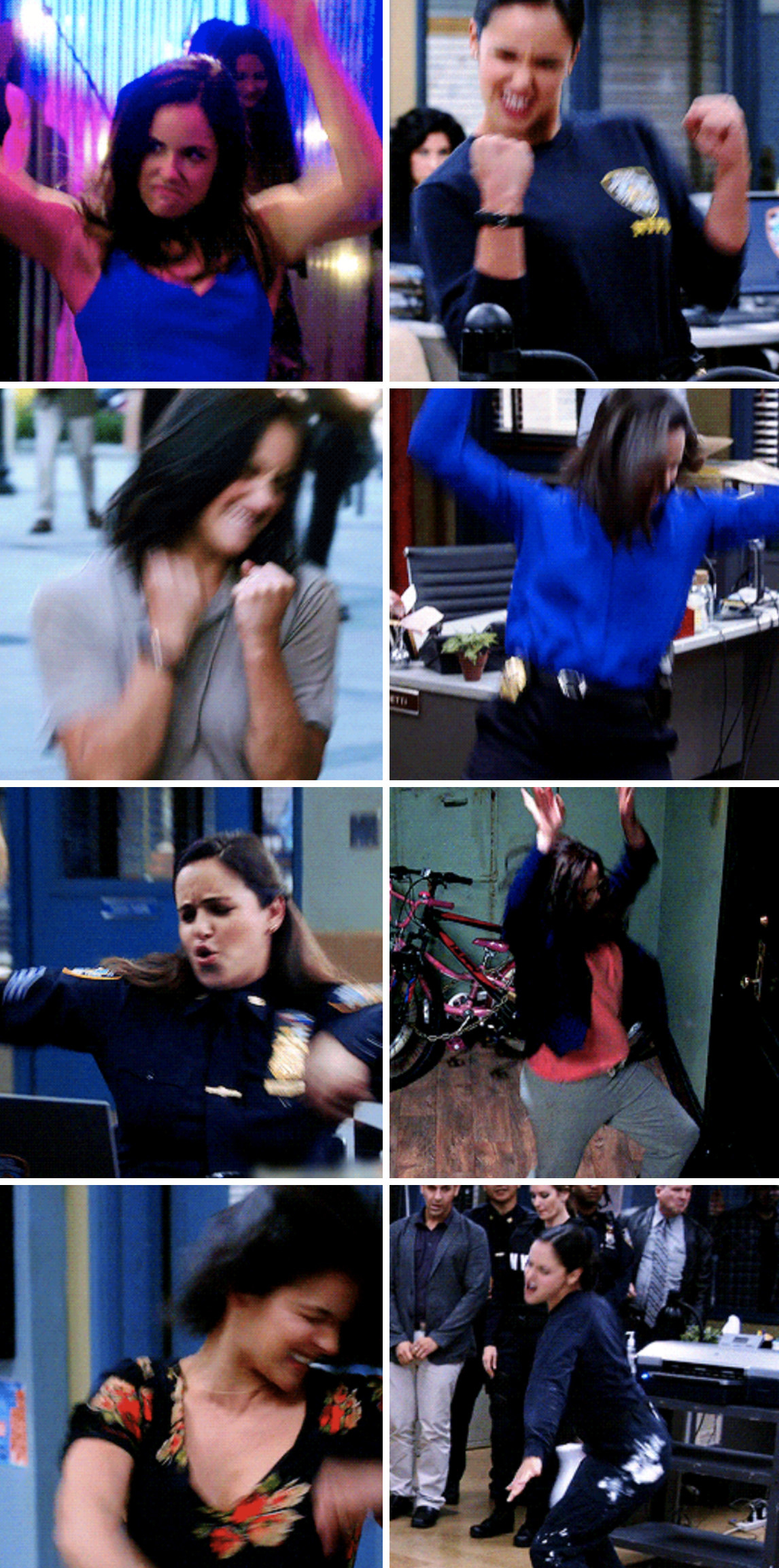 Amy moving her arms up and down above her head and moving them tightly in a fist as she awkwardly dances in the precinct, the middle of the street, and the hallway in her apartment building.