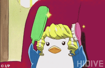 anime penguin brushing blond hair