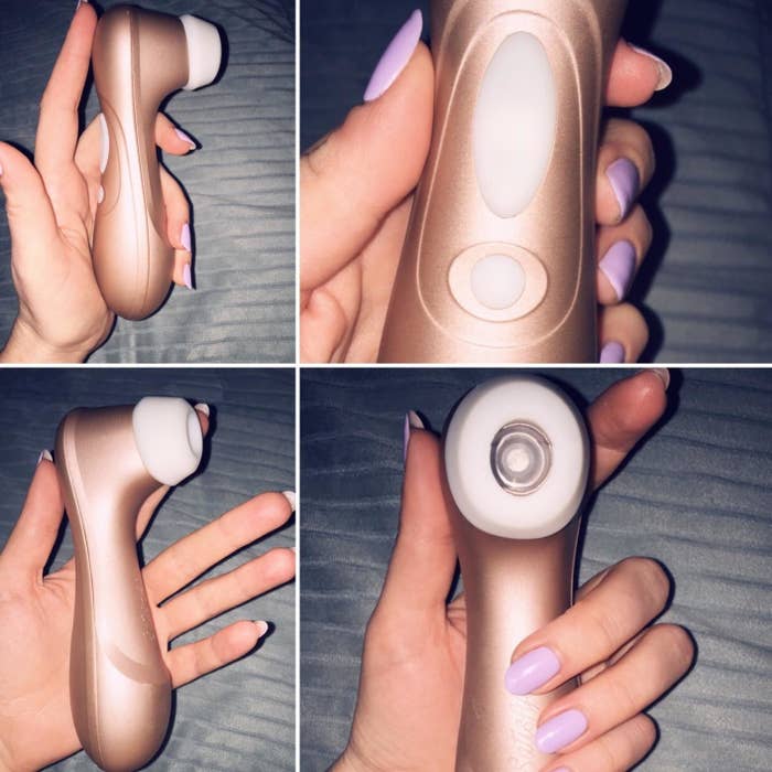 Reviewer-created collage displaying rose gold suction vibrator at different angles