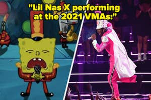 Spongebob in a marching band uniform side by side with Lil Nas X in a similar outfit with text reading "Lil Nas X performing at the 2021 VMAs"