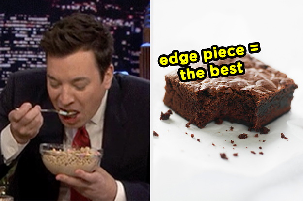 On the left, Jimmy Fallon eating a bowl of cereal, and on the right, a brownie labeled edge piece equals the best