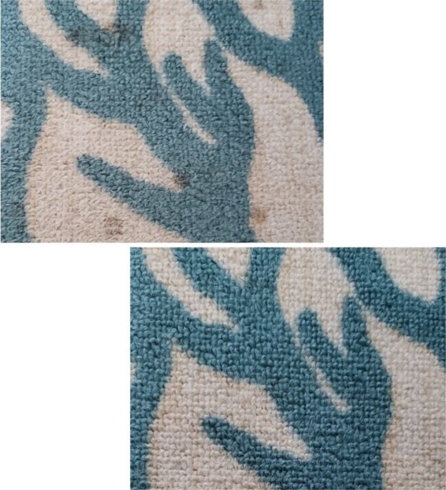 Before and after reviewer photo of a rug with a stain on it