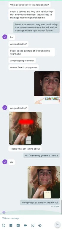 a scammer getting sent a funny photoshopped picture of their face