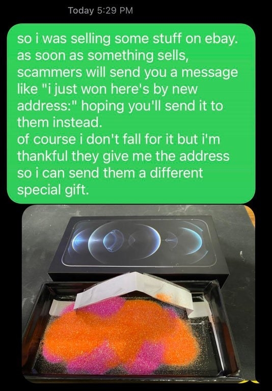 person sending a scammer glitter in the mail
