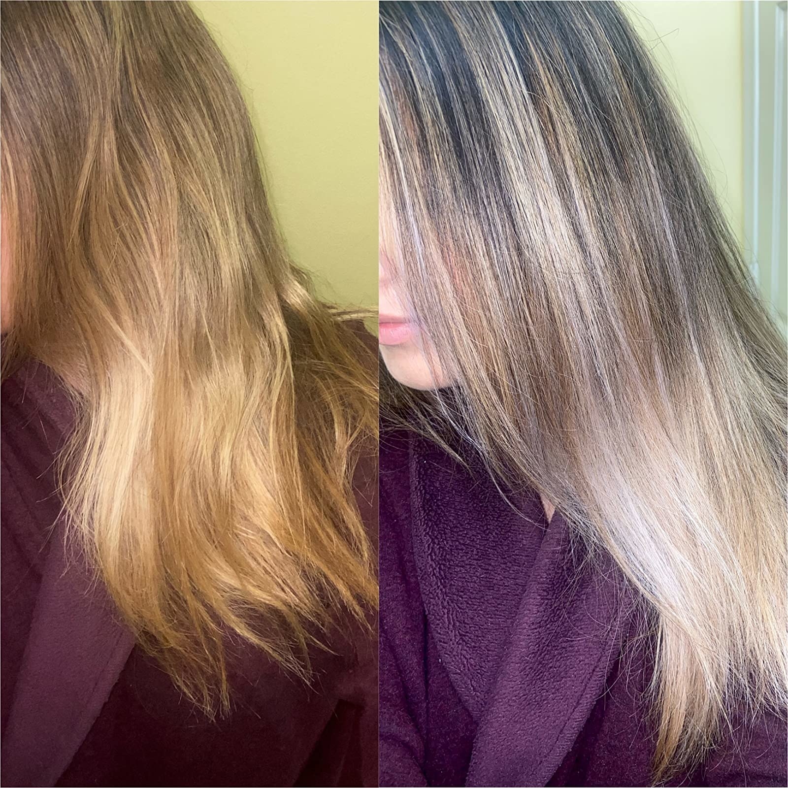 before image of reviewer with orange-blonde hair and after with more natural looking blonde hair