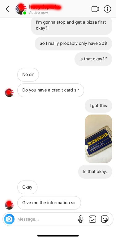 person saying their credit card is a blockbuster card