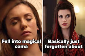 Elena on The Vampire Diaries labeled "Fell into magical coma" and Ruby on Once Upon a Time labeled "Basically just forgotten about"