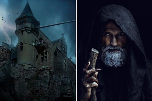 a creepy old castle on the left and an old man in a cloak with a staff on the right