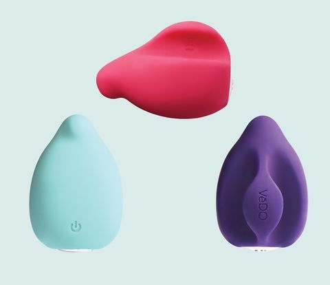 Turquoise, pink and purple finger vibrators displayed at different angles