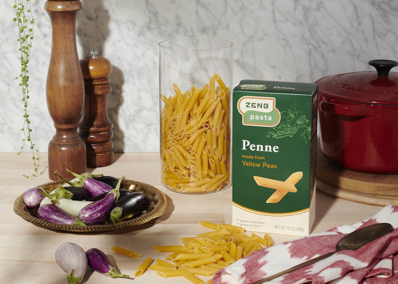 Penne noodles on kitchen counter