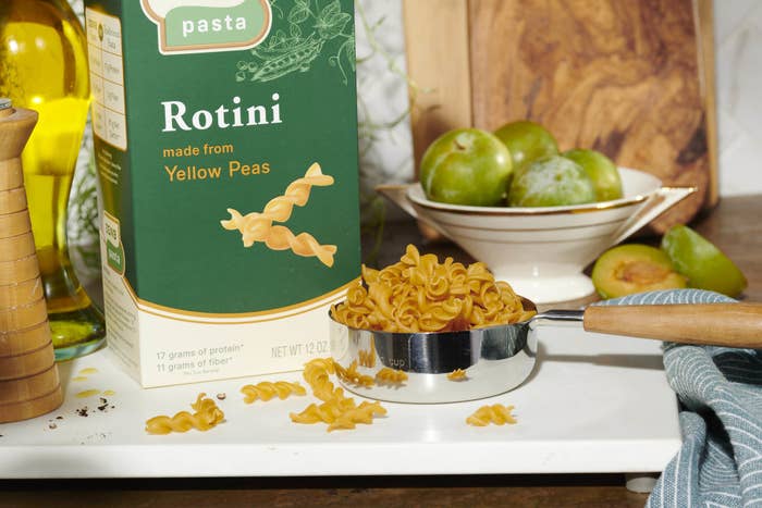Dry rotini pasta in pan