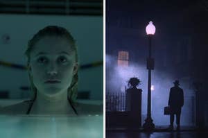 A character from It follows and a priest standing outside Regan's home in The Exorcist