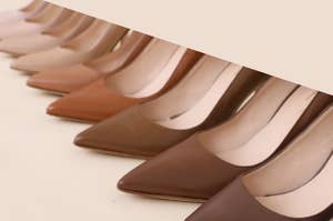 the nine different nude colored heels in a line