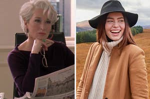 Miranda Priestly sits at her desk as she glares at someone in "The Devil Wears Prada" and a young woman wears a turtleneck sweater under a thick overcoat with a wide brim hat