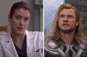 A "Grey's Anatomy" doctor is on the left with Thor on the right looking up