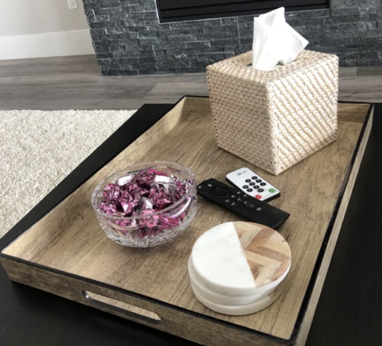 A reviewer photo of a coffee table tray