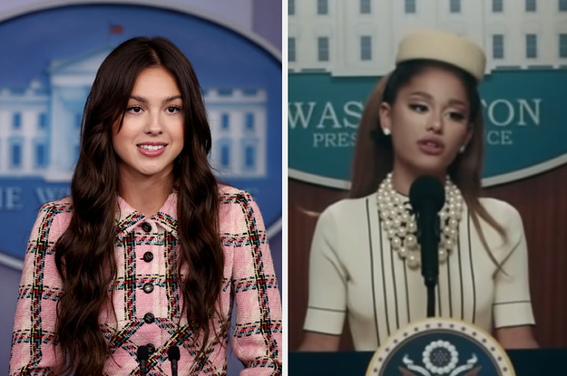 Olivia Rodrigo wears a brightly colored plaid skirt suit and Ariana Grande wears a cream colored short sleeve blouse, pearls, and a box hat