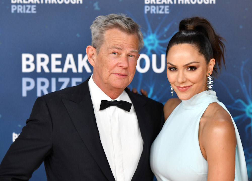 David in a bow tie with Katharine on the red carpet