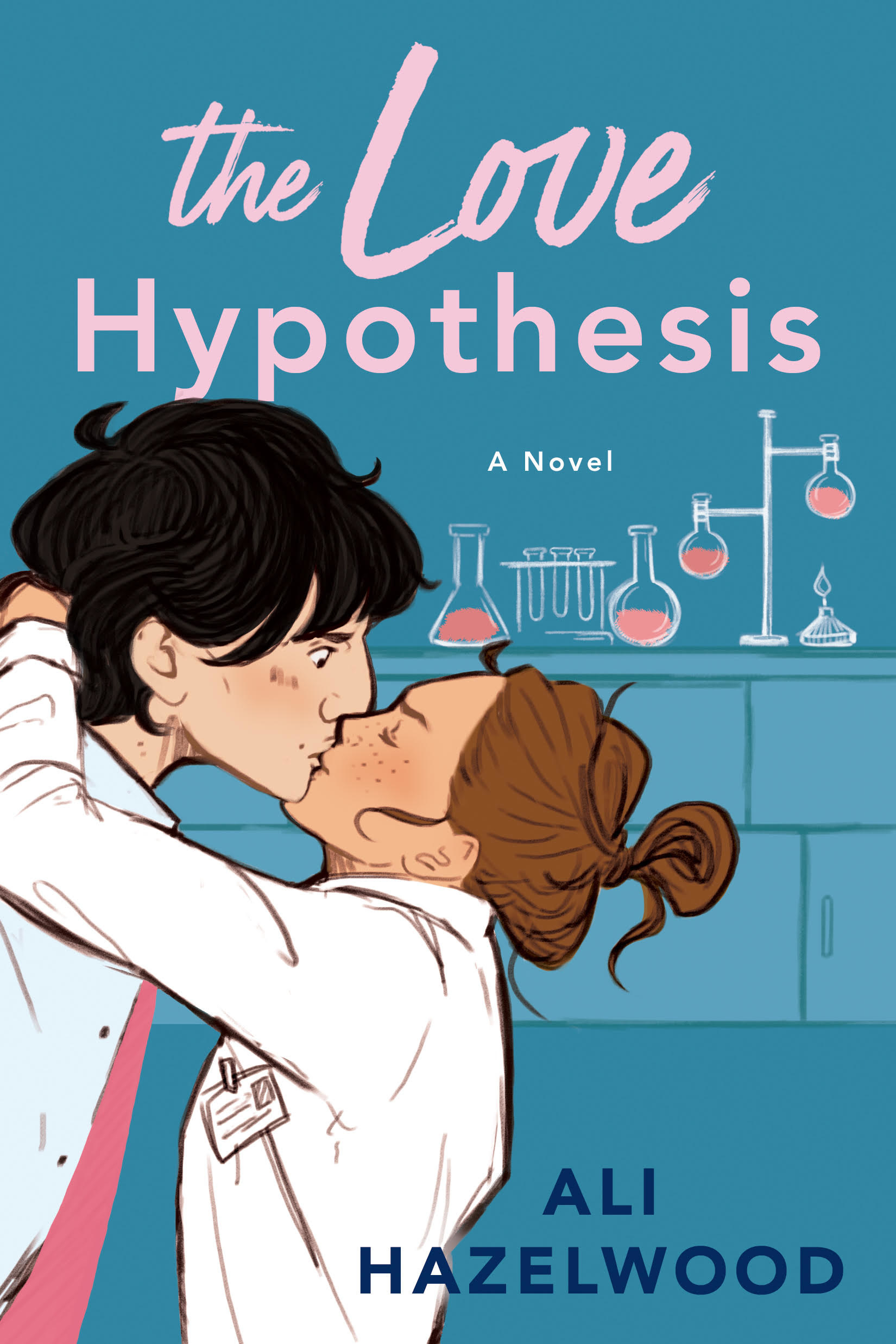 A surprised looking male scientist is kissed by a girl scientist with freckles in front of a chemistry lab backdrop.